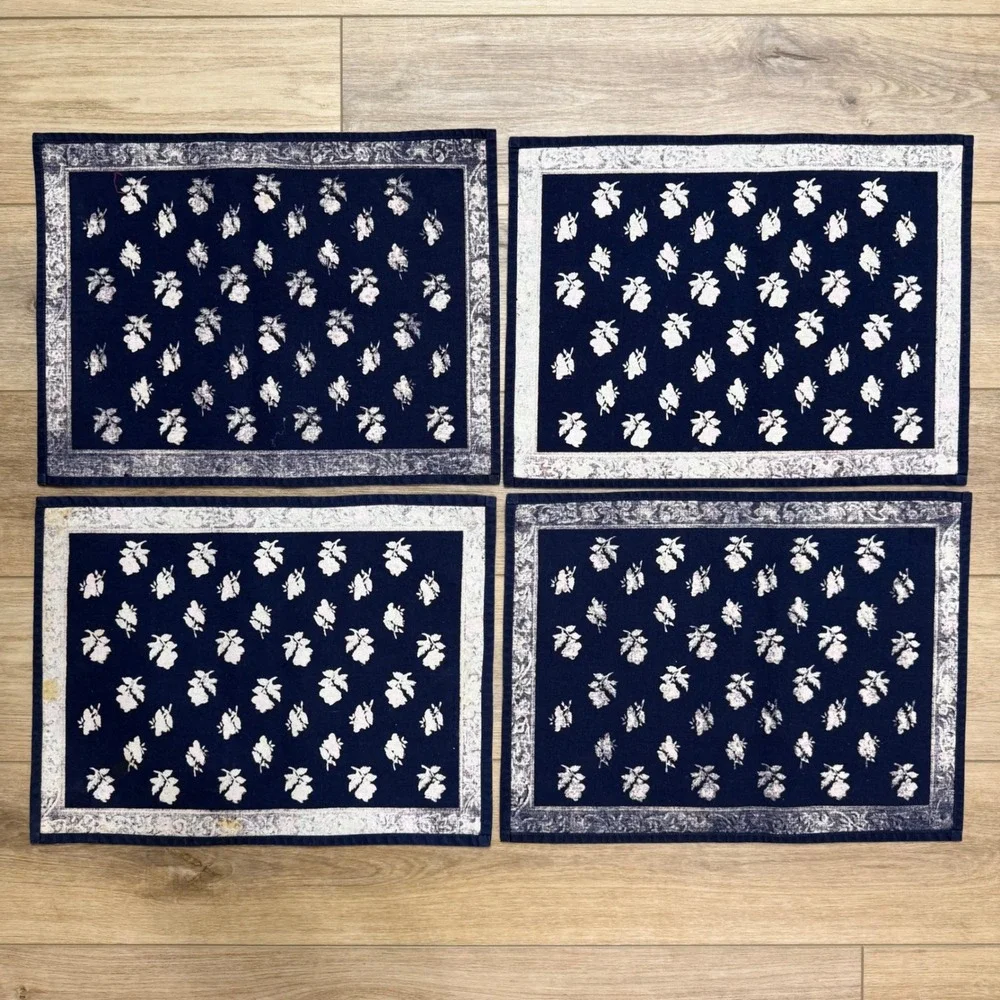 Vintage Floral Placemats Set of‎ 4 Navy Blue Sage Green Red Yellow Cottagecore